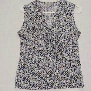 Laura Petites Sleeveless V-Neck‎ Twist Front Polka Dot Top Navy Grey Yellow M
